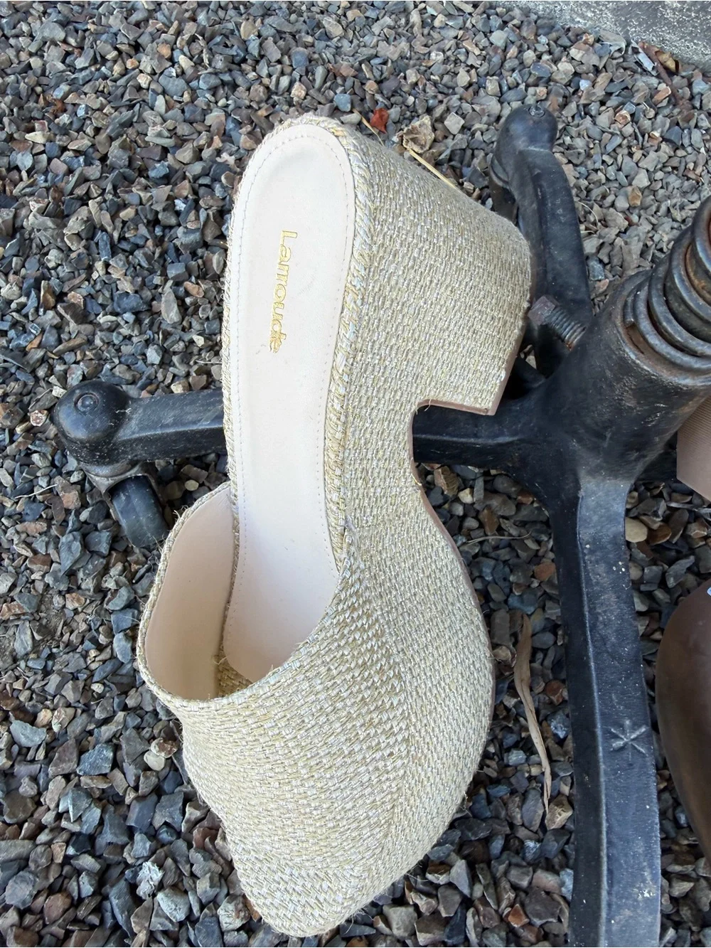 Larroude Beige Woven Platform Metallic Mules
